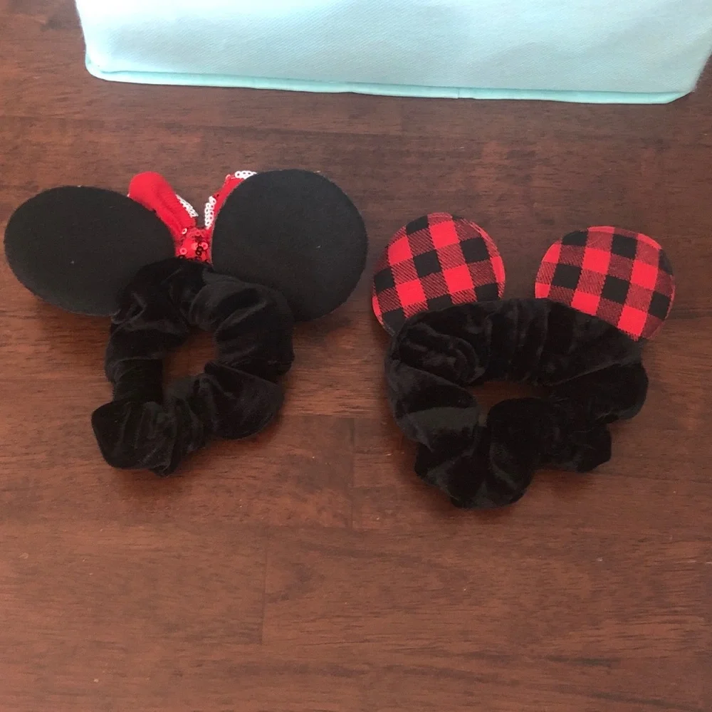 Handmade Women’s Minnie-Style Ear Scrunchie with Sequin Bow & Plaid Bow